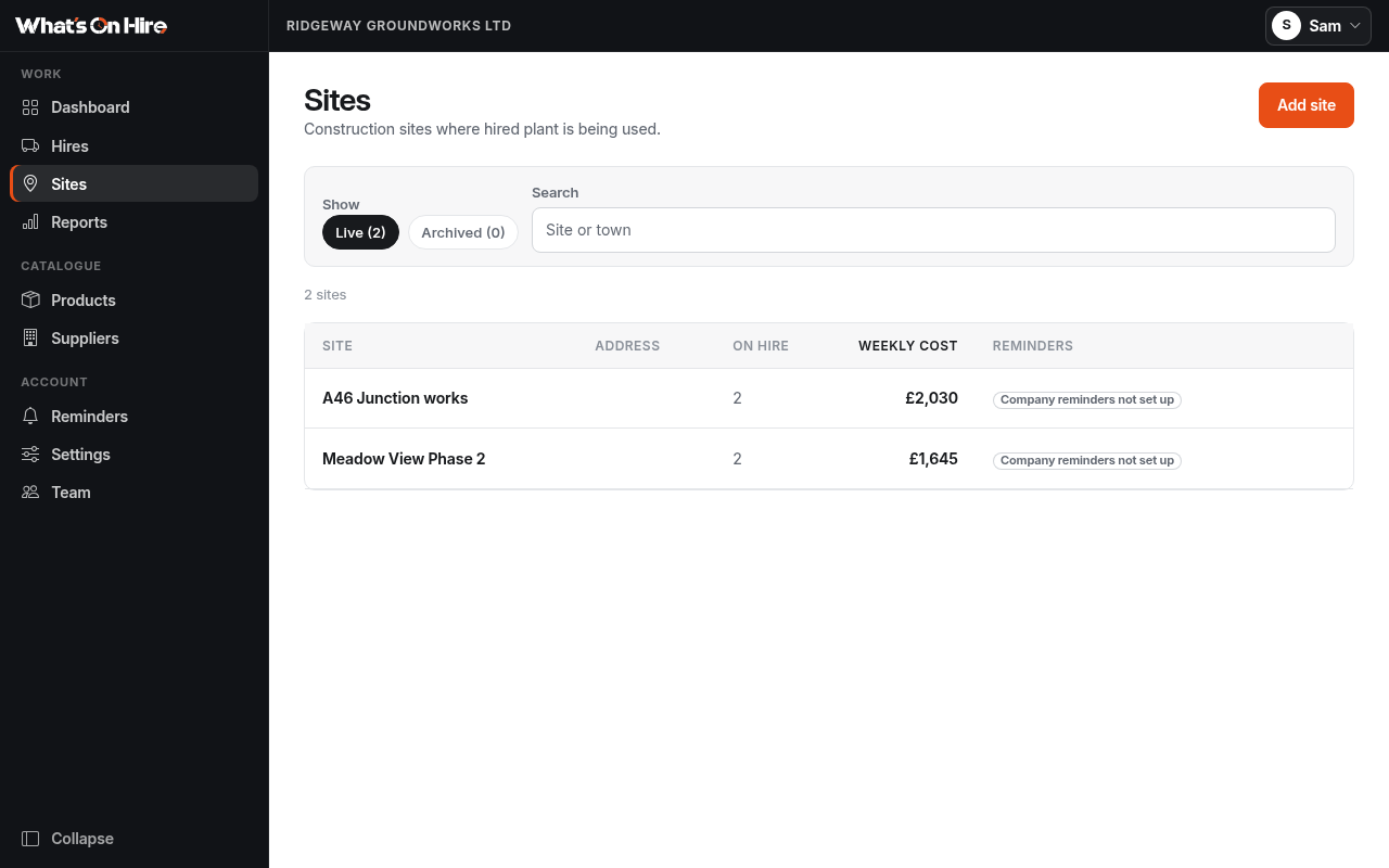 Sites list with two live construction sites, on-hire counts and weekly cost.