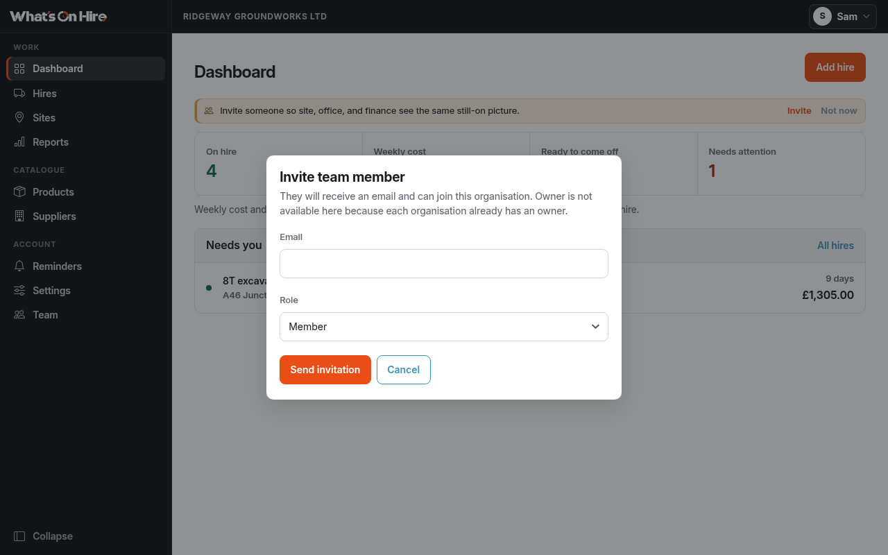 Invite team member dialog on the Dashboard, with email and role fields.