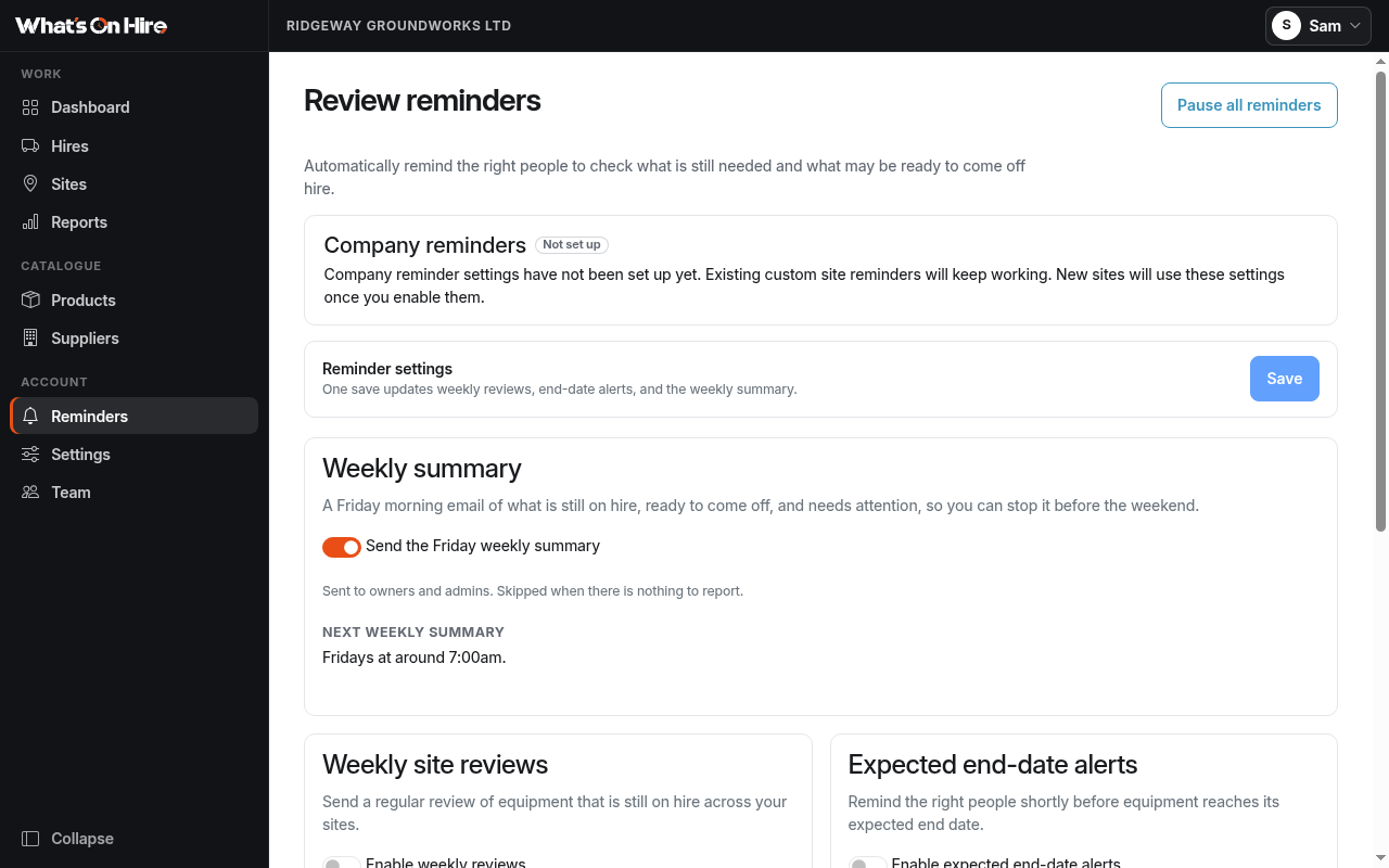 Reminders page with the Friday weekly summary switched on, plus weekly site reviews and expected end-date alerts.