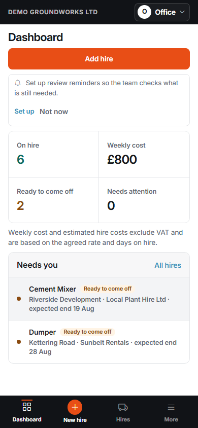 What's On Hire dashboard on a phone showing hire rows and bottom navigation