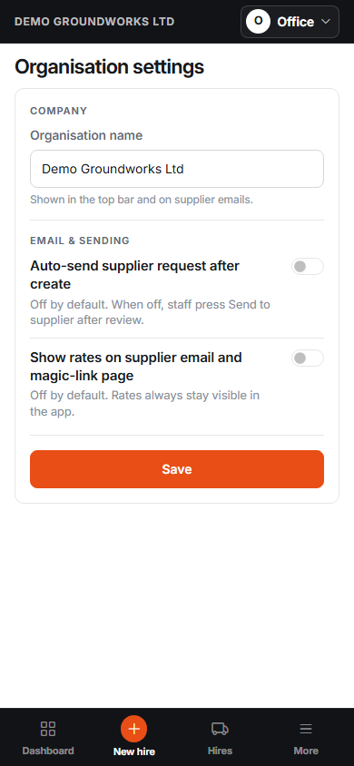 Organisation settings showing the company name field and save action